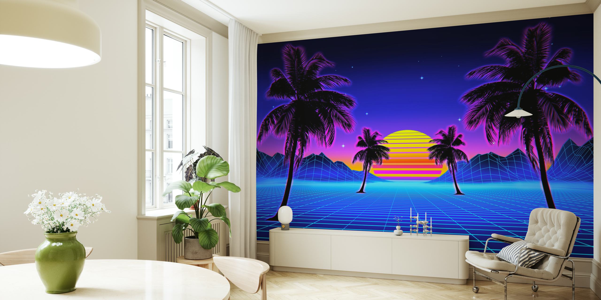 Retro 80s sunset with palm trees and colorful grid wallpaper